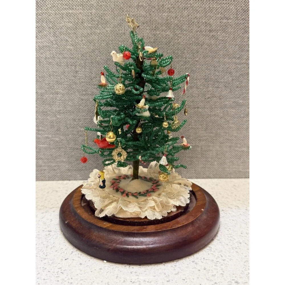 Vintage Westrim Beaded Christmas Tree Ornaments Wood Base No Glass Dome 6